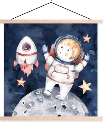 Produktbild von MuchoWow® Textilposter Weltraum - Rakete - Mond - Jungen - Mädchen - Kinder 40x40 cm mit holzfarbenen Rahmen - Posterleiste