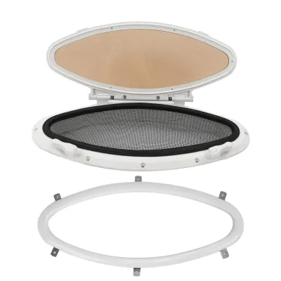 A disassembled oval porthole with a screen and a separate mounting ring, shown against a white background.