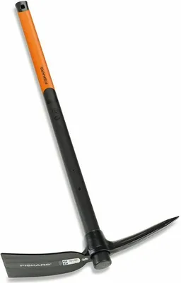 A Fiskars pickaxe and mattock tool is shown against a white background.