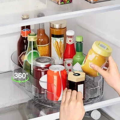 Produktbild von Drehteller Kühlschrank Organizer Lazy Susan, 33 x 22 cm Klarer Rechteckiger Drehteller für Gewürze, Kühlschrank Organizer für Schrank, Speisekammer oder Küchenarbeitsplatte (1 Stück)