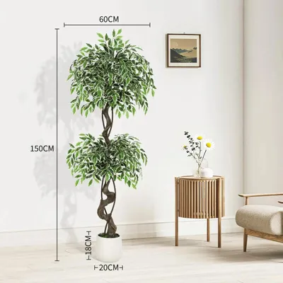 Obrázek produktu pro Umělá fíkusová rostlina – dekorativní rostlina, výška 150 cm – více než 1100 listů z hedvábí – bílý květináč – pokojová rostlina pro obývací pokoj a kancelář – zelená