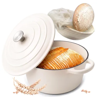 Produktbild von Gusseisen Topf Brot Backen [inkl. Gärkorb] - Hochwertiger Emaille Topf 26cm - Idealer gusseiserner Brottopf zum Backen, Gusseisentopf Brotbacken