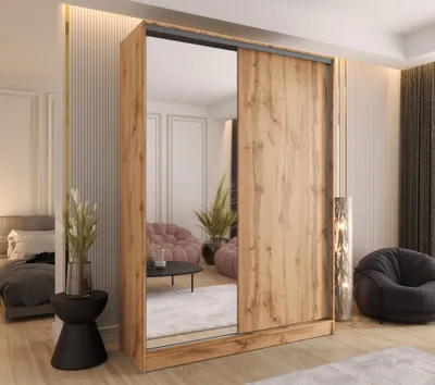 Produktbild von Schwebetürenschrank 2-türig 100x250x58 cm Eiche Wotan mit Spiegel und 2 schubladen– Moderner Kleiderschrank für Schlafzimmer und Flur