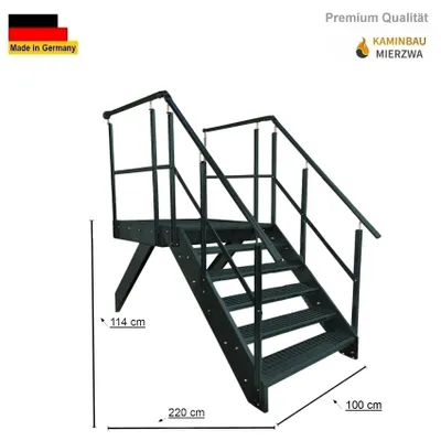 Produktbild von Podesttreppe Wangen- Stahltreppe 6 Stufen Höhe 114 cm inklusive Podest 100x100cm mit Geländer Anthrazit Ausrichtung Treppe Vorne (Front) Aussentreppe