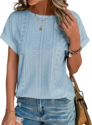 Produktbild von ASKSA Damen T-Shirt Rundhals Lochstickerei Bluse Sommer Einfarbig Kurzarm Elegant Lose Tunika Oberteile (Himmelblau,M)