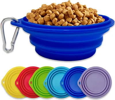 Produktbild von Silikon Napf Hunde Katze faltbar Hundenapf Reisenapf Trinknapf Wassernapf inkl. Karabinerhaken Blau Dunkelblau