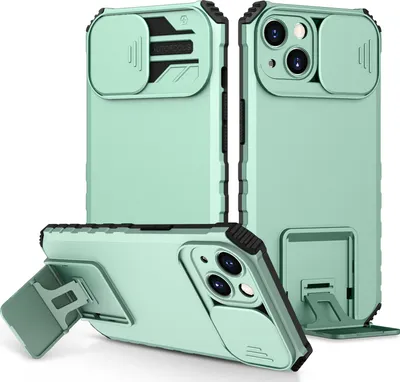 Produktbild von iPhone 13 Hülle, Dual Layer Ständer Schutzhülle mit Schiebe Kamera Schutz für iPhone 13 Türkis