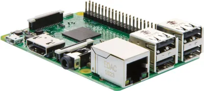 A close-up, angled view of a Raspberry Pi 3 Model B single-board computer against a white background.