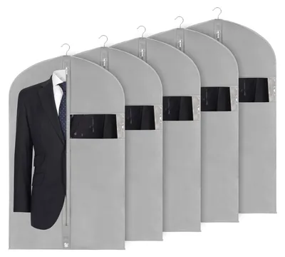 Image de Sacs de rangement pour vêtements, 60 x 101 cm, matière respirante, grands sacs pour robes, manteaux et tenues de soirée, lot de 5, gris