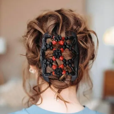 Produktbild von 4 dehnbare magische Haarkämme für Damen, Doppelkamm-Haarspangen mit elastischen Holzperlen zum Formen von Haarknoten für lockiges, dickes und welliges Haar