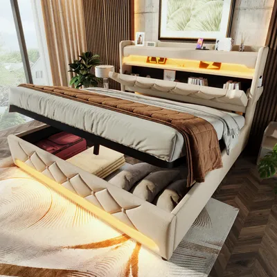 Produktbild von Polsterbett Doppelbett 180 x 200, Stauraum Kopfteil mit USB und Typ C-Port ,LED Betten mit Hydraulisch Stauraum, Beige , Ohne Matratze