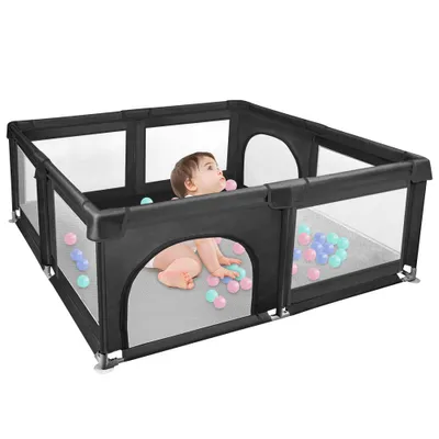 Image de Parc pour bébé avec 50 boules 120x120x66cm Centre d'activités avec filet respirant Base antidérapante Noir