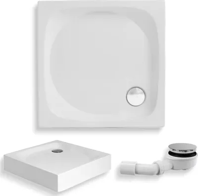 A white square shower tray and a white drain pipe are displayed against a white background.