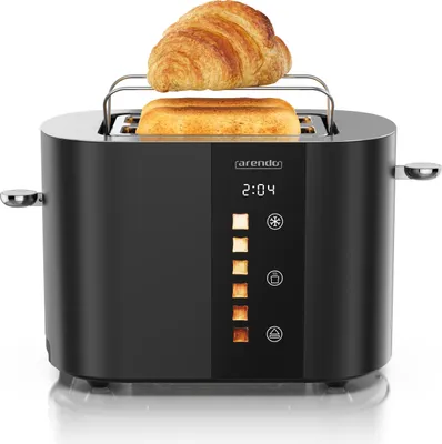 A black Arendo toaster with two slices of bread and a croissant on top, placed on a white background.