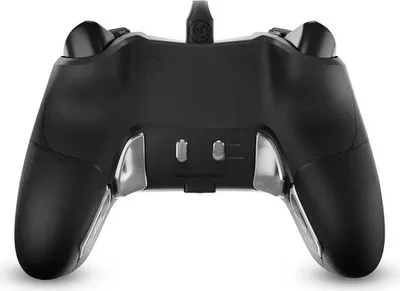 The back of a black gaming controller with silver accents.
