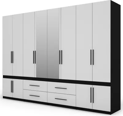 Produktbild von Meblast | Kleiderschrank 320x230 cm mit 2 Spiegeln - Schwarz/Weiß - Garderobe mit Regalen, Schubladen und Kleiderstange | Klassische Kombination