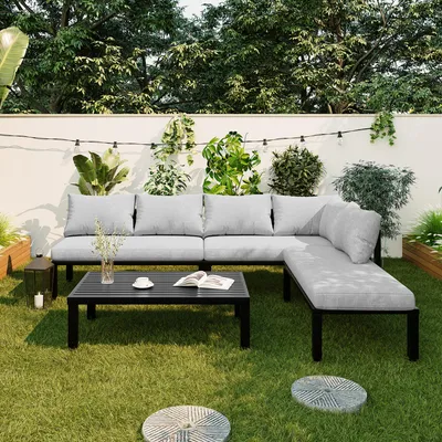 Image de Ensemble de salon de jardin modulaire 6 places, couleur grise, avec structure en fer galvanisé, pieds réglables et dossier amovible, stable pour le jardin et la terrasse