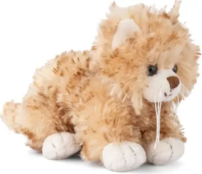 A plush toy cat is lying down on a white background.