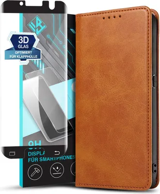 Produktbild von Handyhülle für Samsung Galaxy S7 Edge mit 9H Displayglas Kunstleder Flip Cover Hülle Handytasche Case Kartenfach Farbe: Hellbraun