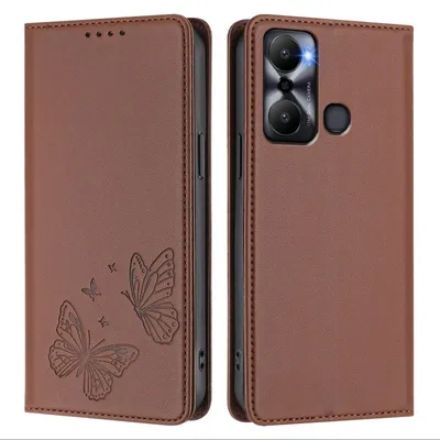 Produktbild von Lederhülle für Infinix Hot 20 Play, Schmetterling Prägung Leder Brieftasche Schutzhülle mit Ständer Braun