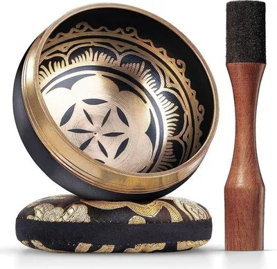 Immagine prodotto di Campana tibetana, set da meditazione, favorisce il rilassamento, allevia lo stress, accessori spirituali per lo yoga, ausilio olistico per la meditazione, nero.