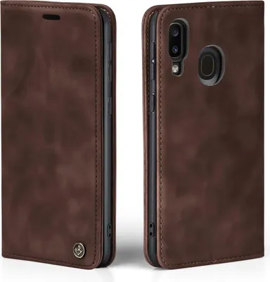 A brown flip cover case for a Samsung Galaxy A40 phone, shown from two angles.