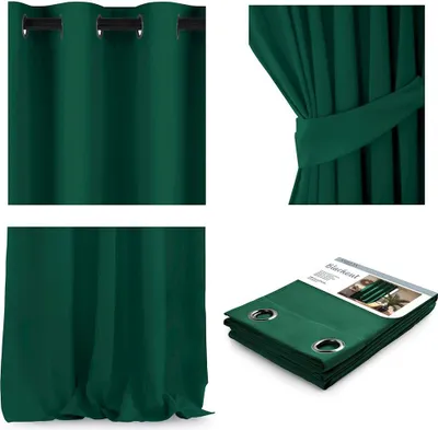 A collage of images showing a dark green curtain from different angles, including a close-up of the grommets, a tie-back, and a folded package.