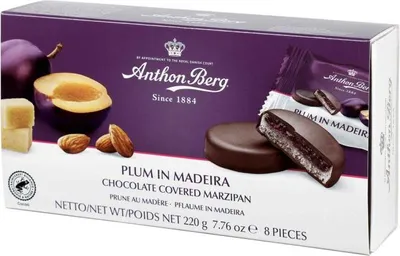 Produktbild von Anthon Berg Marzipan Pralinen Pflaume in Madeira, edle in Zartbitterschokolade, Geschenkbox 220 g