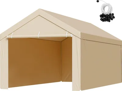 Image de Toit de rechange pour carport - Bâche de tente de garage avec parois latérales - 3,05 x 6,09 m - Résistant aux UV - Résistant à la déchirure - Sans cadre - Beige