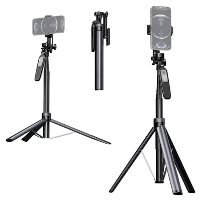 Produktbild von Ausziehbares Selfie-Stick-Stativ fuer Telefon, Aluminiumlegierung, max. Hoehe 200 cm, mit Anti-Shake-Griff, flexibler Telefonclip, 1/4-Zoll-Schraube, Fernausloeser, Telefonstativ fuer Vlog-Selfie, Live-Streaming, Gruppenfoto-Video