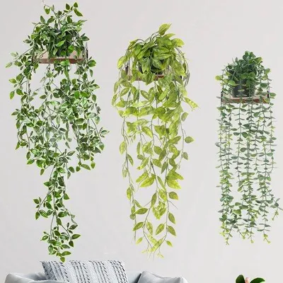 Obrázek produktu pro Sada umělých rostlin, 3dílná, věnec z vinné révy, dekorace do interiéru i exteriéru, zelená, na balkon nebo na zeď