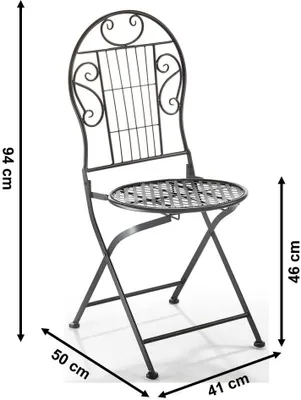 A black metal folding chair with dimensions indicated by measurement lines and text.