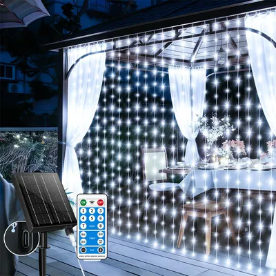 Solar-Lichtvorhang 6x3m, 600 LED, Fernbedienung, Timer, Weiß