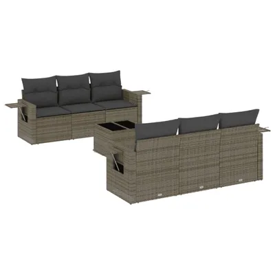 Produktbild von Modulares Gartenmöbel-Set, 7-tlg. Loungesofa mit Beistelltisch, Poly Rattan Grau, Hartglas Tischplatte, UV-beständig, inkl. Kissen Dunkelgrau