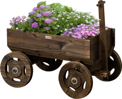 Produktbild von Hochbeet im Holzwagen-Design, Brandlackierung, beweglich, wetterbeständig, Braun
