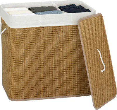 Produktbild von HOMCOM Bambus Wäschekorb mit Deckel 3 Fächer 144 L Wäschesammler Braun