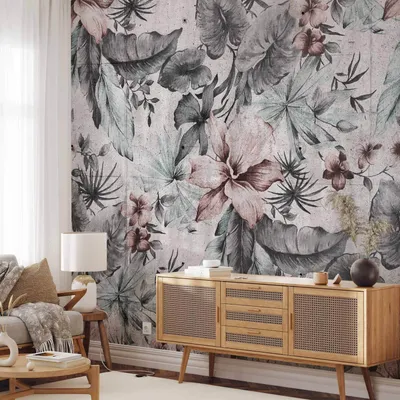 Produktbild von Selbstklebende Folie Fototapete - Nature in retro style - landscape with leaves and flowers in grey tones 441x315 cm Blätter b-A-10156-a-c