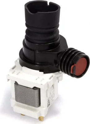 A washing machine drain pump against a white background.