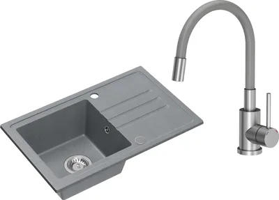 Obrázek produktu pro VBChome Dřez granitový šedý s baterií 70 x 44 cm Jednomísový vestavný dřez Skvrnitý reverzibilní granitový dřez Sifonové umyvadlo Šedá baterie s flexibilní výpustí
