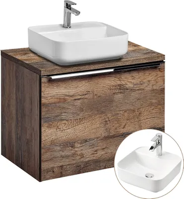 Produktbild von Badezimmermöbel Waschtisch-Unterschrank Set 60cm PUEBLA-56 Vintage Oak Eiche, 40cm Keramik-Waschbecken, 2 Softclose-Schubkästen, B/H/T 60,4/62,5/46 cm