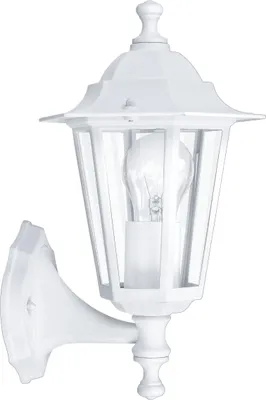 A white outdoor wall lamp with a glass enclosure and a visible light bulb.