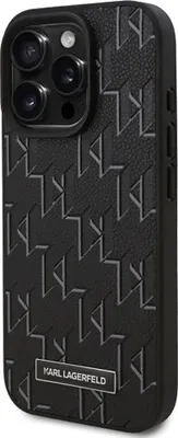 A black iPhone case with a monogram pattern and a Karl Lagerfeld logo.