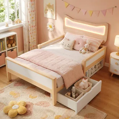 Zdjęcie produktu dla Łóżeczko dla dziecka 90x190 cm z zagłówkiem w kształcie kota, oświetleniem LED RGB, żebrowanym dnem, szufladą i pojemnikiem na pościel, możliwość montażu pojemnika po lewej lub prawej stronie, barierka ochronna, kolor biały/dębowy