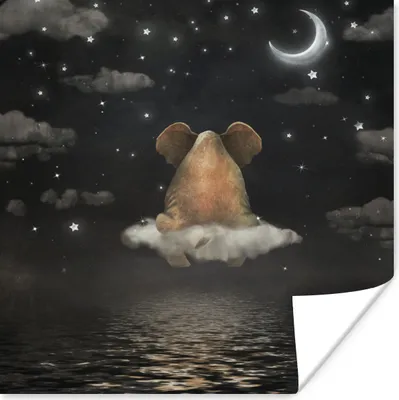 Produktbild von MuchoWow® Poster Elefant - Mond - Sternenhimmel 50x50 cm - Wohnzimmerdekoration