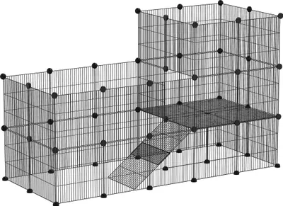 Image de Cage pour petits animaux PawHut, comprenant 39 panneaux et une rampe, de couleur noire