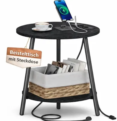 Beistelltisch mit Ladestation, rund, schwarz, 40×40×50 cm