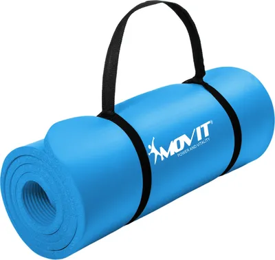 A rolled-up blue yoga mat with a black carrying strap and logo.