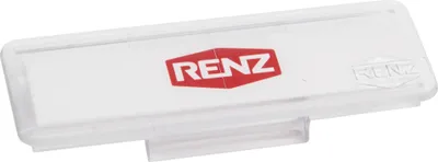 A white plastic name tag holder with the red RENZ logo printed on it.