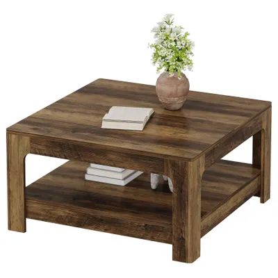 Produktbild von Tribesigns quadratischer Couchtisch mit Stauraum, 100 cm großer Beistelltisch im Landhausstil aus Holz für das Wohnzimmer, rustikales Braun