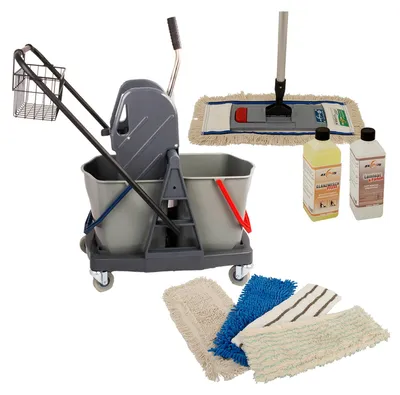 Produktbild von Axis Line Wischmop Komplettset mit Doppelfahrwagen Reinigungswagen 17 Liter Kunststoff und Ersatzmöppe und 2 x Profi Reinigungsmittel 50cm breite